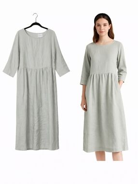 OffOn Clothing Handmade Preppy Lagenlook 100% Linen Midi Dress Mist Gray Large